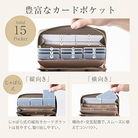 長財布 レディース 小さい 仕分け カード15枚収納 大容量 短い じゃばらカード入れ ボックス型 小銭とレシートを自動振り分け YKKラウンドファスナー グレージュ